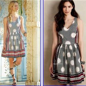 Maeve Gray Polka Dot Midi Dress with Red Trim